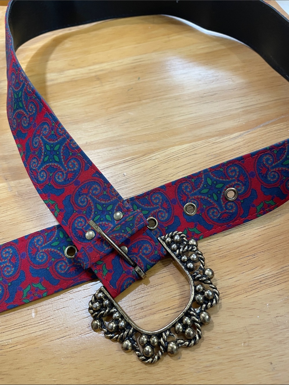Vintage Red Paisley Women's Belt with Ornate gold color Buckle